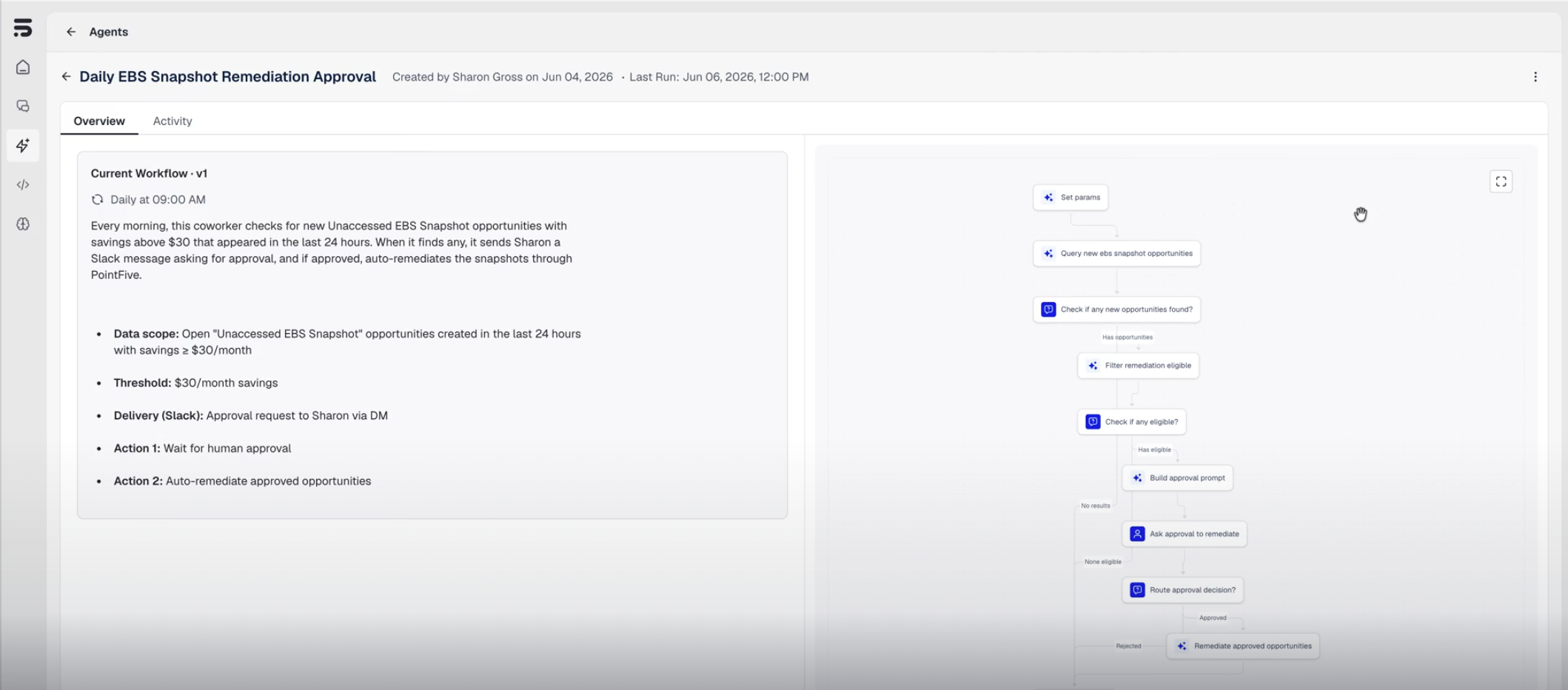 Agents routing EBS snapshot remediation through a human-in-the-loop approval workflow