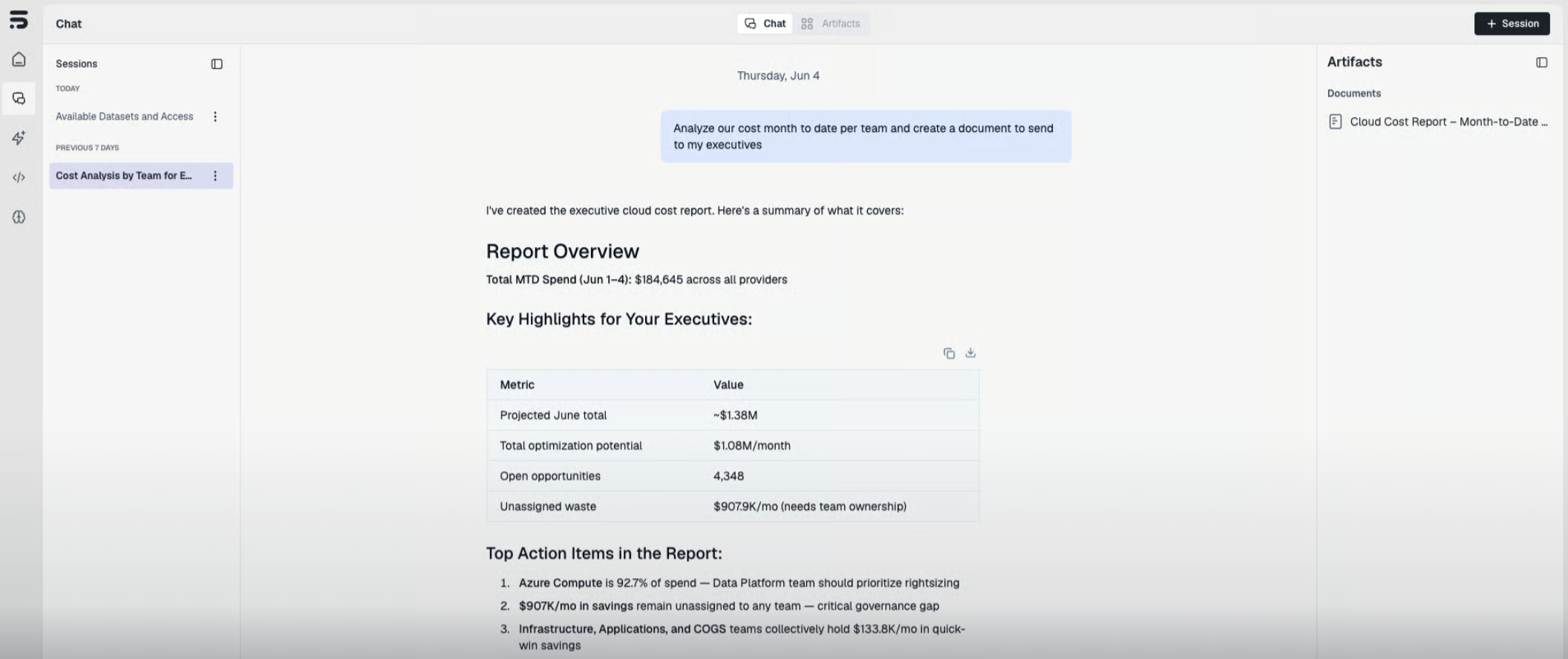 Chat producing a Cloud Cost Report artifact from a plain-language question
